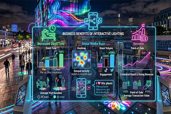 A chart showing the business benefits of interactive lighting, including increased dwell time, social media buzz, and revenue.